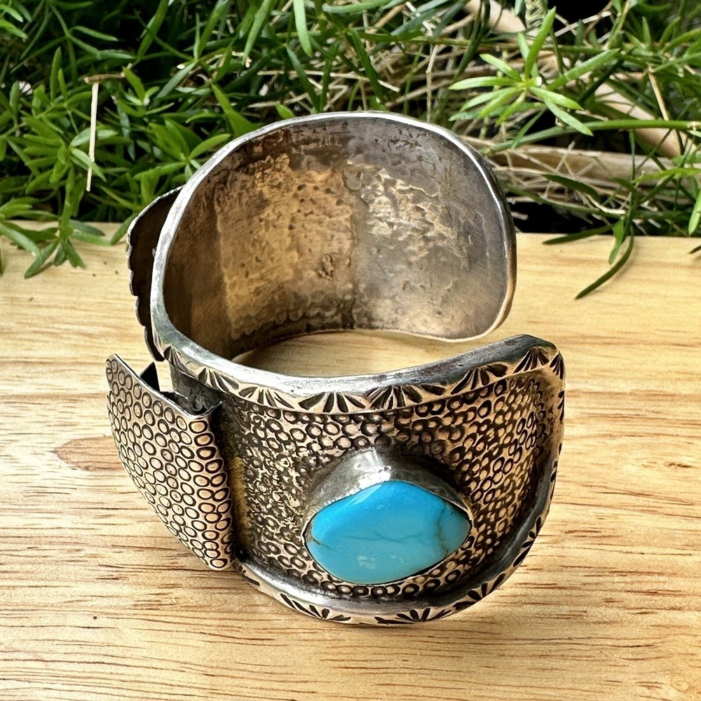 Hopi Watch Bracelet Size 7 Bisbee‎ Turquoise Lizard Signed CL Sterling 95.4g USA - Picture 9 of 13